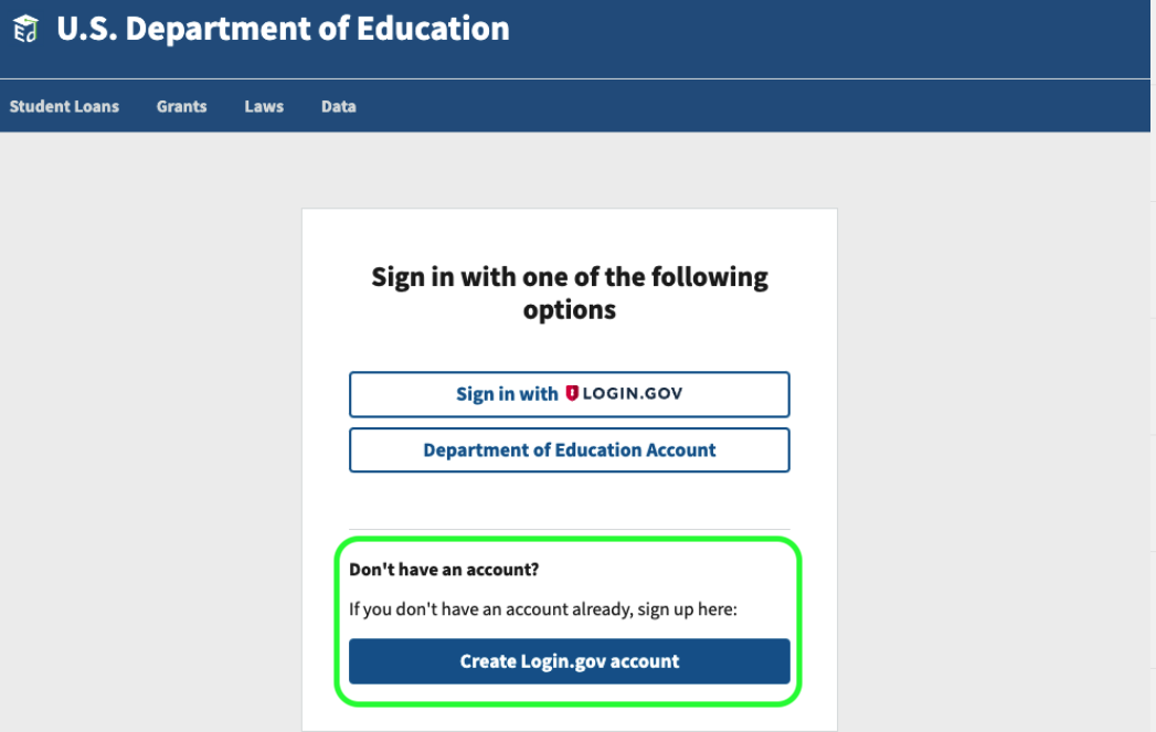 Department of Education's secure login page with option to create a Login.gov account selected in a green box