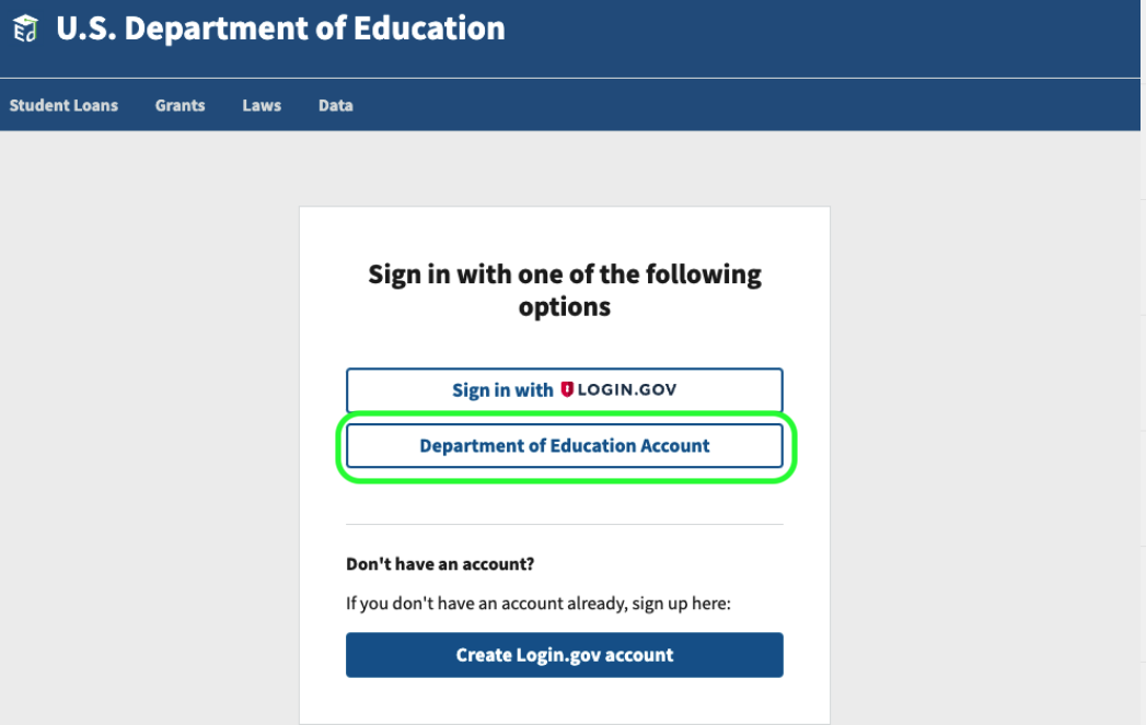 Secure Login page with "Department of Education Account" option selected in a green box