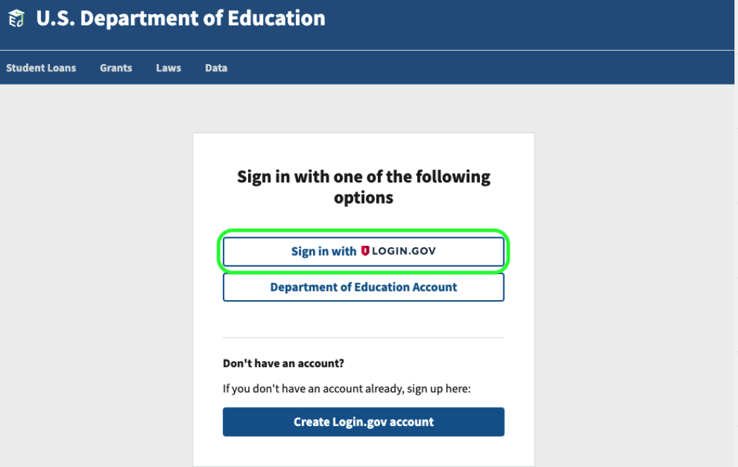 Secure Login page with Sign in with Login.gov selected in a green box