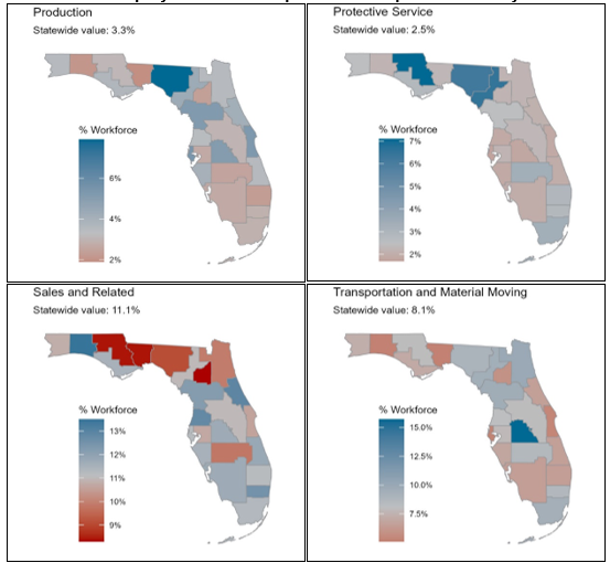 Figure 2.15 (continued) is a heat map showing Share of Employment for Occupational Groups in Florida by LWDA including Production; Protective Service; Sales and Related; and Transportation and Material Moving.