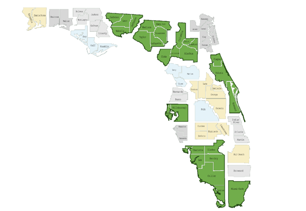 This is a map of the state of Florida showing the Re-Alignment of workforce development boards and workforce development regions.