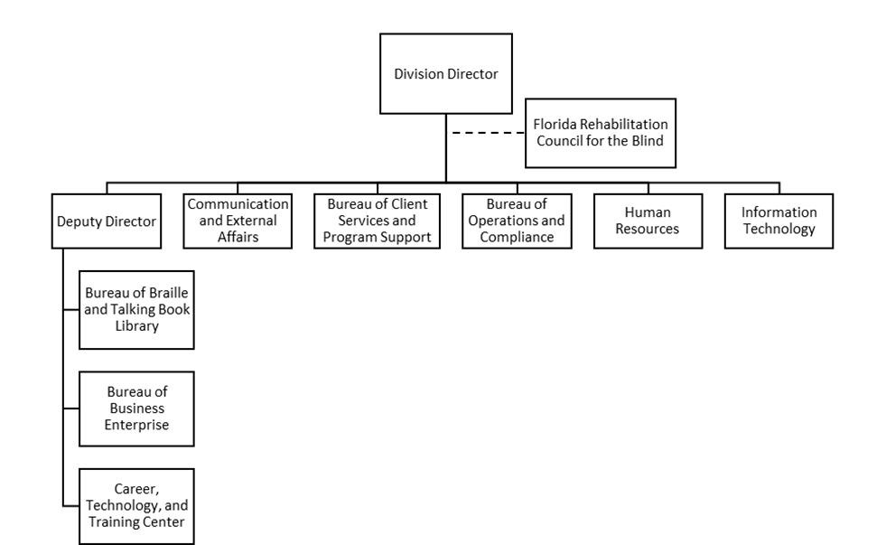 Figure 3.13: FDBS Organizational Chart shows a black and white organizational chart of the Florida Department of Education, Division of Career and Adult Education, Division of Blind Services. The chart depicts the leadership of the Division Director, the role of the Florida Rehabilitation Council for the Blind and how other roles are organized under the Director's leadership.