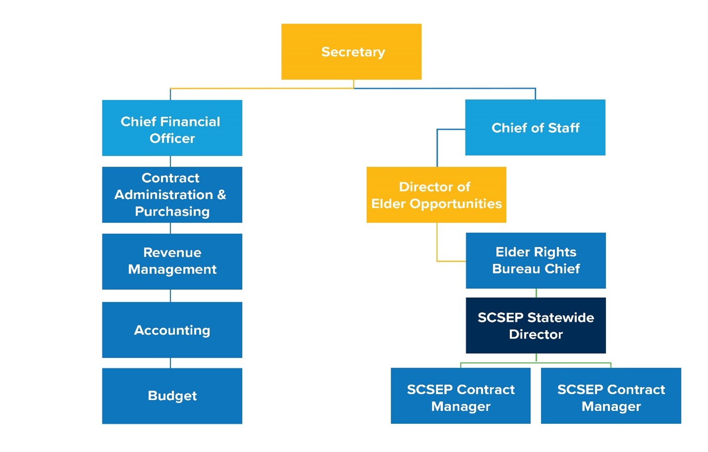 Figure 3.16 SCSEP Organizational Chart shows the organization of the Senior Community Services Employment Program with the Secretary at the top of the organization. The Chief Financial Officer and Chief of Staff report directly to the Secretary. Contract Administration and Purchasing, Revenue Management, Accounting and Budget are organized under the Chief Financial Officer. The Director of Elder Opportunities is organized under the Chief of Staff. The Elder Rights Bureau Chief reports to the Director of Elder Opportunities and the Chief of Staff. The SCSEP Statewide Director is organized under the Elder Rights Bureau Chief. Two SCSEP Contract Managers are organized under the SCSEP Statewide Director, Elder Rights Bureau Chief, Director of Elder Opportunities and Chief of Staff.