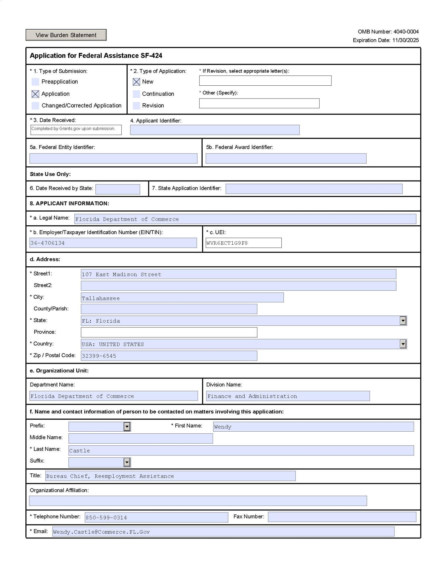 Figure 7.14 UIPL 13-23: This is a screenshot from Grants.Gov  the FloridaCommerce Reemployment Assistance Program is required to complete prior to submitting its application package.  Opportunity and Package Details: Opportunity Number: ETA-UIPL-13-23-BASE Opportunity Title: Fiscal Year (FY) 2024 State Workforce Agency Unemployment Insurance (UI) Resource Planning Targets and Guidelines  Opportunity Package ID: PKG00283151 CFDA Number: 17.225 CFDA Description: Unemployment Insurance Competition ID: ETA-UIPL-13-23-BASE Competition Title: Fiscal Year (FY) 2024 State Workforce Agency Unemployment Insurance (UI) Resource Planning Targets and Guidelines  Opening Date: 09/13/2023 Closing Date: 10/13/2023 Agency: Employment and Training Administration Contact Information: Janice C. Sheelor  Applicant and Workspace Details: Workspace ID: WS01188465 UEI: WVR6ECT1G9F8 Organization: Florida Department of Commerce Form Name: Application for Federal Assistance (SF-424) Form Version: 4.0 Reqwuirement: Mandatory
