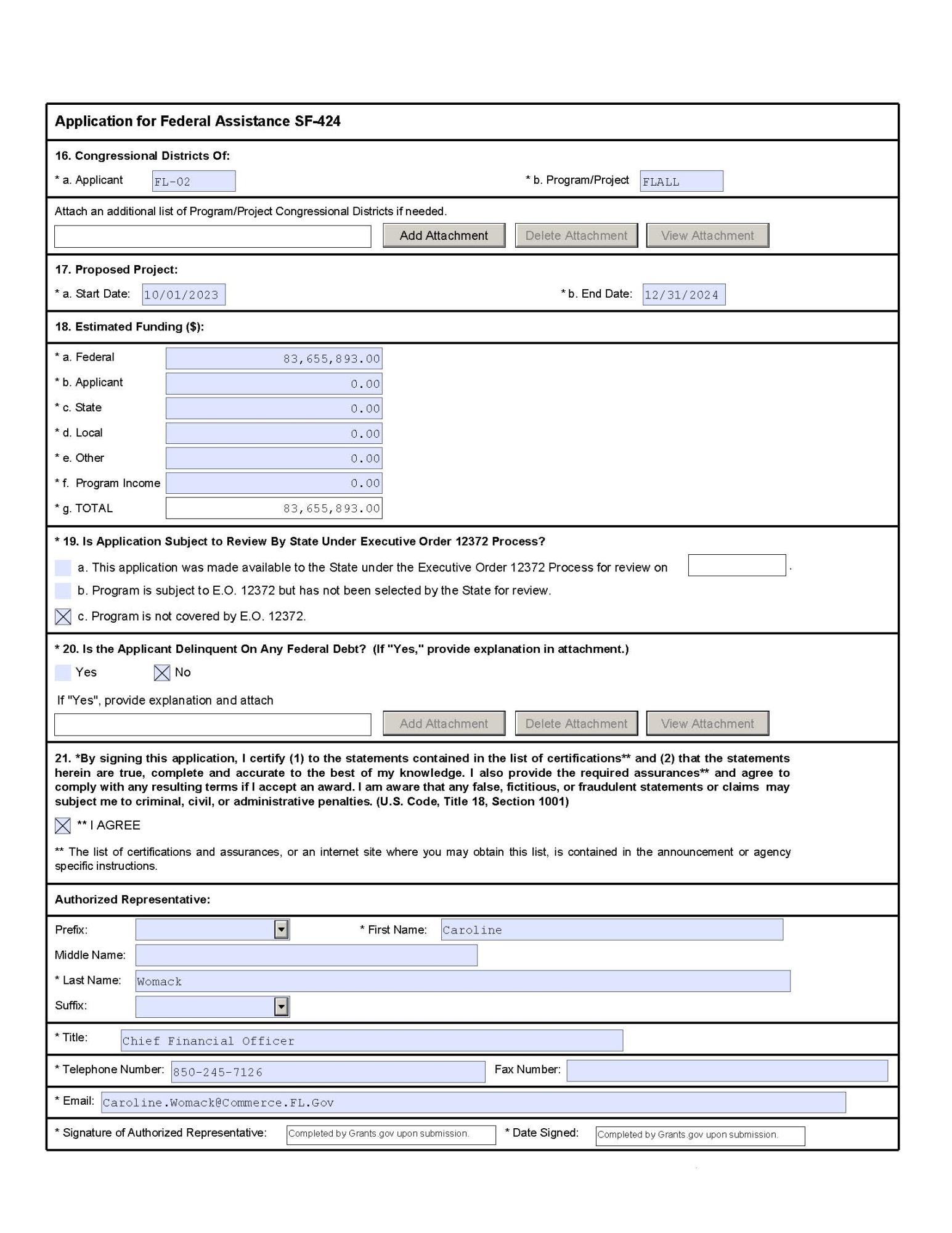 Figure 7.14 UIPL 13-23: This is a screenshot from Grants.Gov  the FloridaCommerce Reemployment Assistance Program is required to complete prior to submitting its application package.  Opportunity and Package Details: Opportunity Number: ETA-UIPL-13-23-BASE Opportunity Title: Fiscal Year (FY) 2024 State Workforce Agency Unemployment Insurance (UI) Resource Planning Targets and Guidelines  Opportunity Package ID: PKG00283151 CFDA Number: 17.225 CFDA Description: Unemployment Insurance Competition ID: ETA-UIPL-13-23-BASE Competition Title: Fiscal Year (FY) 2024 State Workforce Agency Unemployment Insurance (UI) Resource Planning Targets and Guidelines  Opening Date: 09/13/2023 Closing Date: 10/13/2023 Agency: Employment and Training Administration Contact Information: Janice C. Sheelor  Applicant and Workspace Details: Workspace ID: WS01188465 UEI: WVR6ECT1G9F8 Organization: Florida Department of Commerce Form Name: Application for Federal Assistance (SF-424) Form Version: 4.0 Requirement : Mandatory