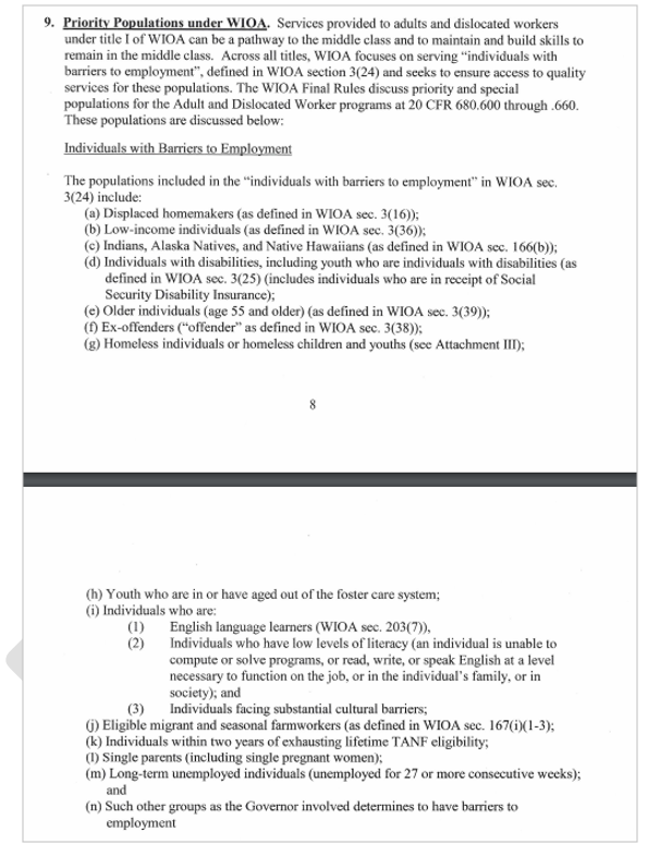 An excerpt from the Training and Employment Guidance Letter number 19-16 explaining Priority Populations under WIOA and describing Individuals with Barriers to Employment.