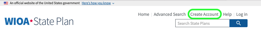 WIOA portal menu with "Create Account" selected in a green box